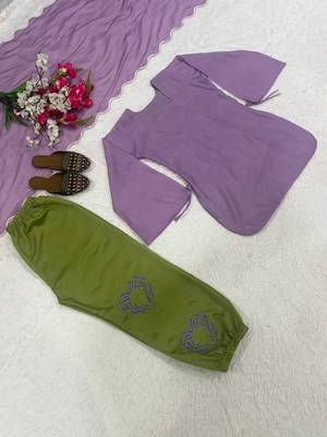 Women's lavender short kurti and olive green salwar set with scallop border dupatta 4
