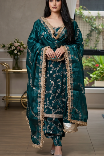 Teal blue embroidered readymade punjabi patiala suit set with dupatta