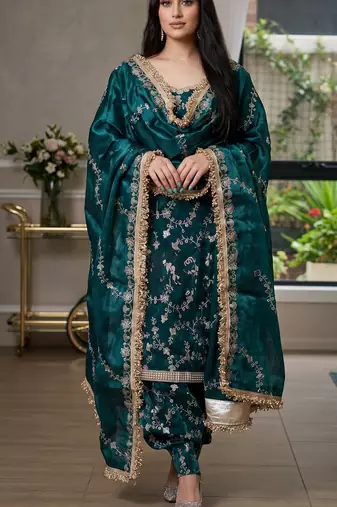 Teal blue embroidered readymade punjabi patiala suit set with dupatta