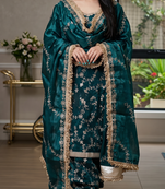 Teal blue embroidered readymade punjabi patiala suit set with dupatta