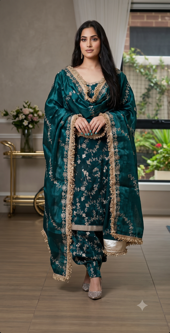 Teal blue embroidered readymade punjabi patiala suit set with dupatta