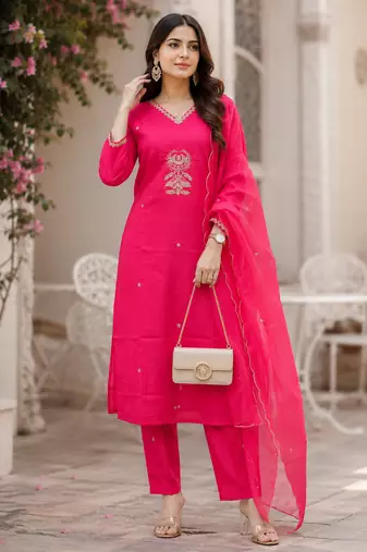 Kavindi women’s zari & sequin embroidered straight kurta pant set with organza dupatta