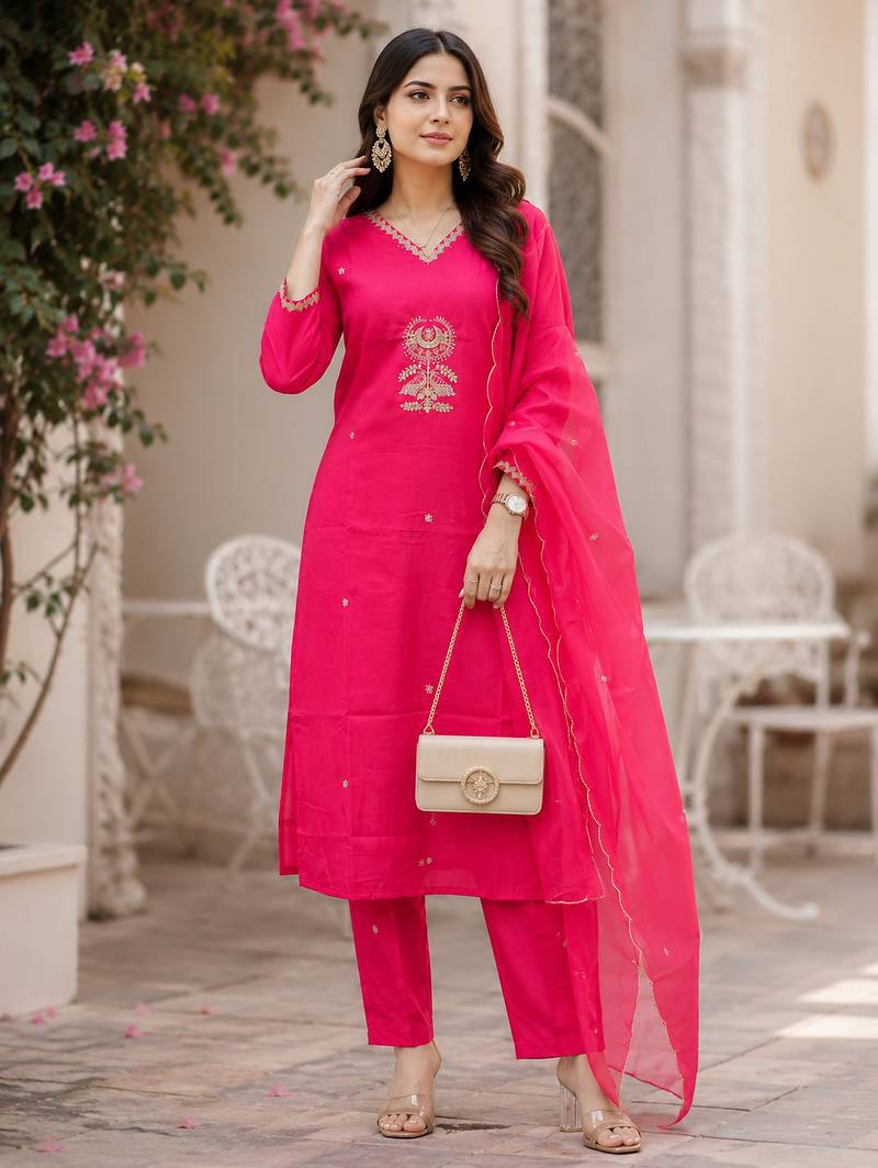 Kavindi women   s zari & sequin embroidered straight kurta pant set with organza dupatta