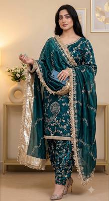 Teal blue embroidered readymade punjabi patiala suit set with dupatta 2