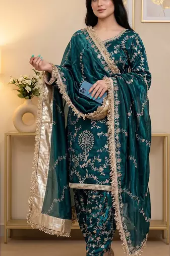 Teal blue embroidered readymade punjabi patiala suit set with dupatta