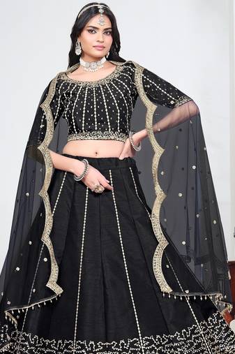 Black Art Silk Semi Stitched Lehenga Choli with Embroidery work
