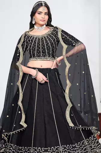 Black Art Silk Semi Stitched Lehenga Choli with Embroidery work