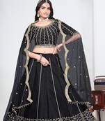 Black Art Silk Semi Stitched Lehenga Choli with Embroidery work