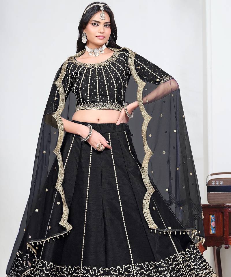 Black Art Silk Semi Stitched Lehenga Choli with Embroidery work