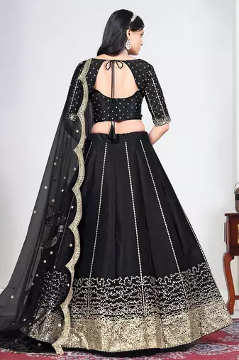 Black Art Silk Semi Stitched Lehenga Choli with Embroidery work
