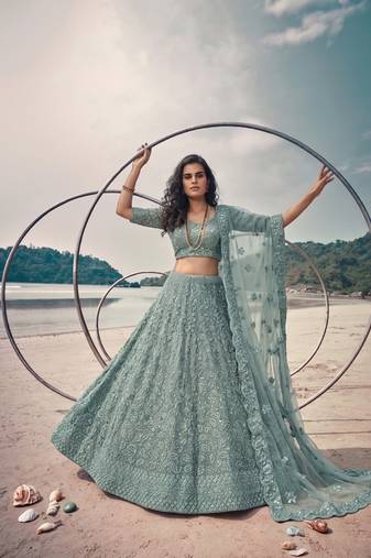 Blue Net Semi Stitched Lehenga Choli with Embroidery & Jarkan Work