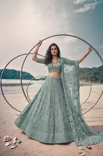 Blue Net Semi Stitched Lehenga Choli with Embroidery & Jarkan Work