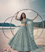 Blue Net Semi Stitched Lehenga Choli with Embroidery & Jarkan Work