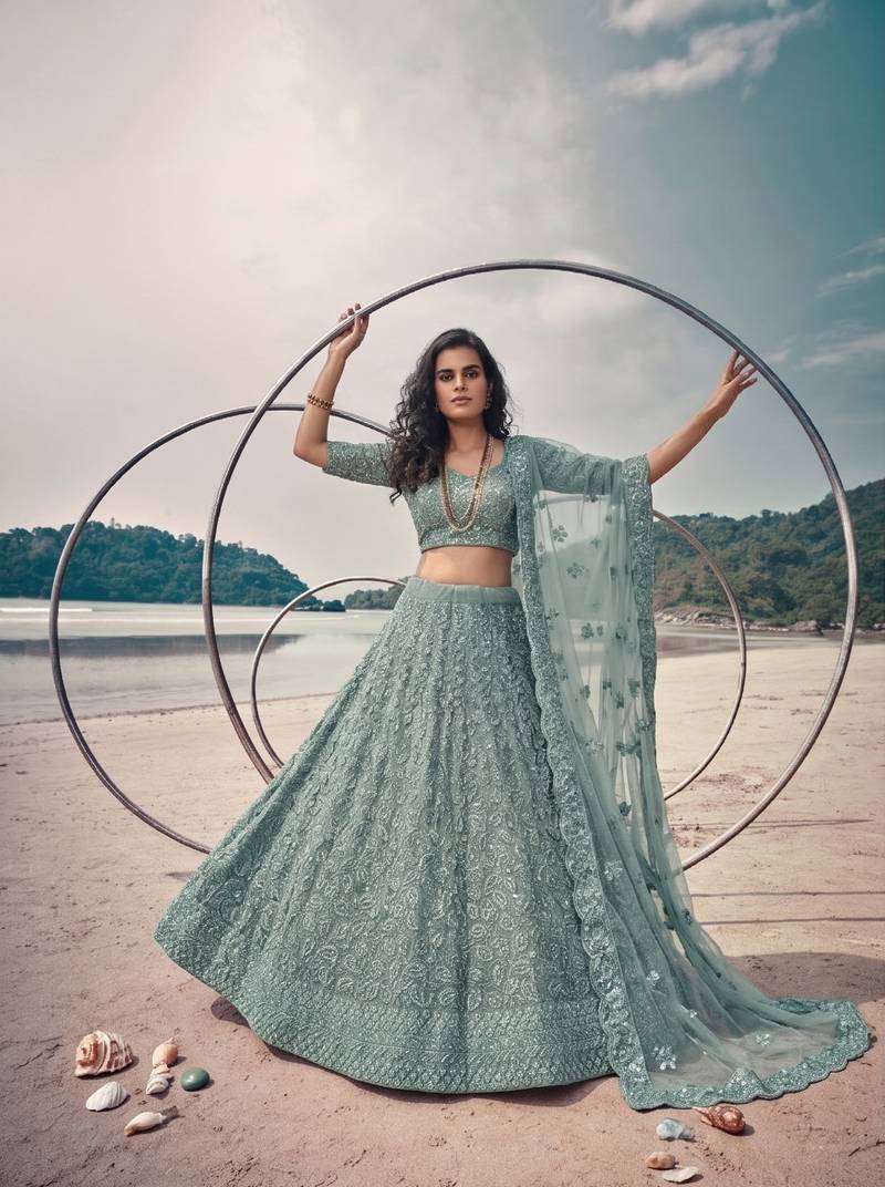 Blue Net Semi Stitched Lehenga Choli with Embroidery & Jarkan Work