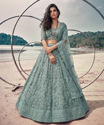 Blue Net Semi Stitched Lehenga Choli with Embroidery & Jarkan Work 2