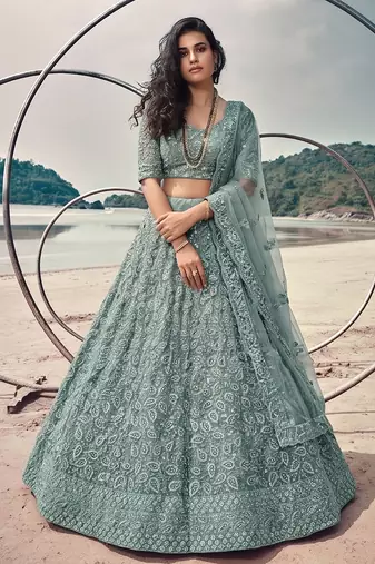 Blue Net Semi Stitched Lehenga Choli with Embroidery & Jarkan Work