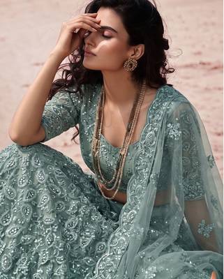 Blue Net Semi Stitched Lehenga Choli with Embroidery & Jarkan Work 3