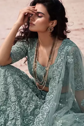 Blue Net Semi Stitched Lehenga Choli with Embroidery & Jarkan Work