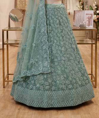 Blue Net Semi Stitched Lehenga Choli with Embroidery & Jarkan Work 4