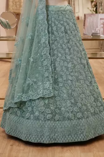 Blue Net Semi Stitched Lehenga Choli with Embroidery & Jarkan Work