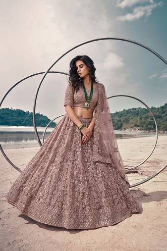 Mauve Net Semi Stitched Lehenga Choli with Embroidery & Jarkan Work