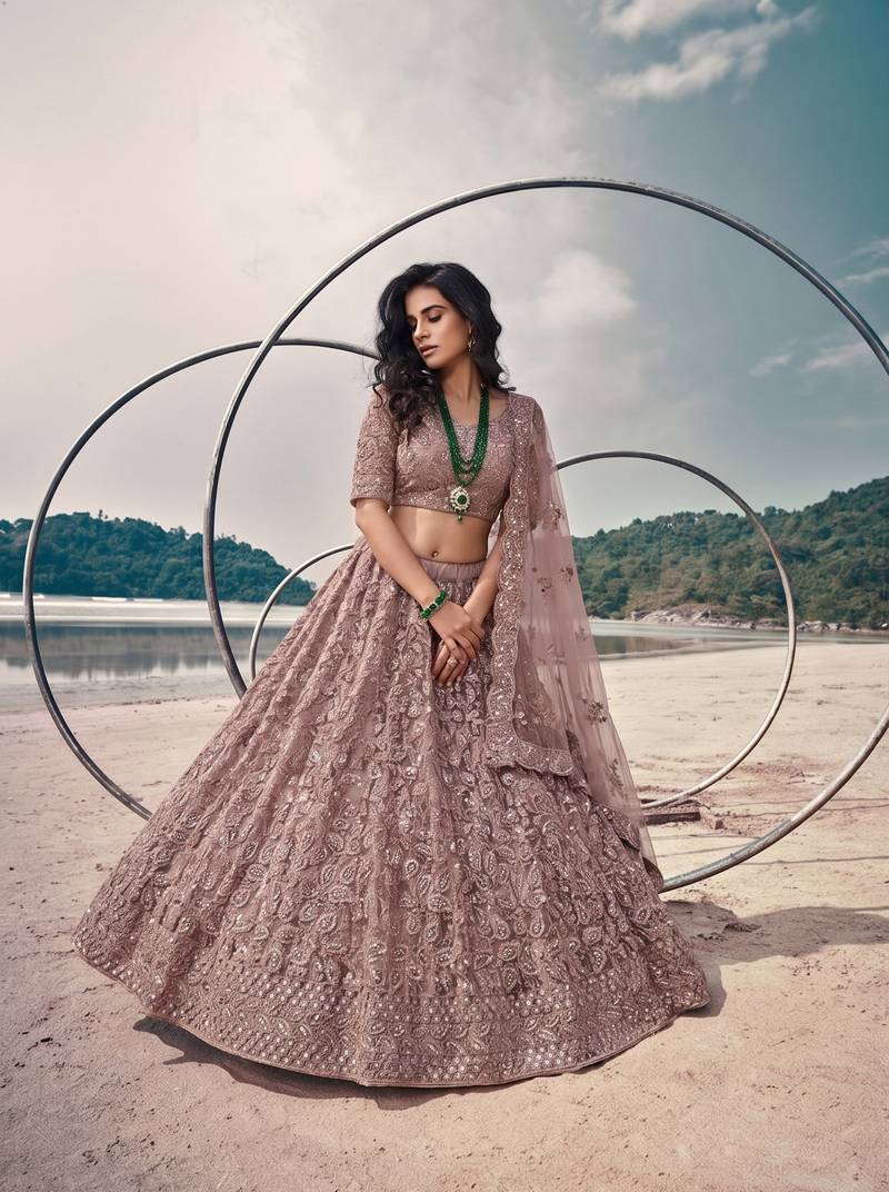 Mauve Net Semi Stitched Lehenga Choli with Embroidery & Jarkan Work