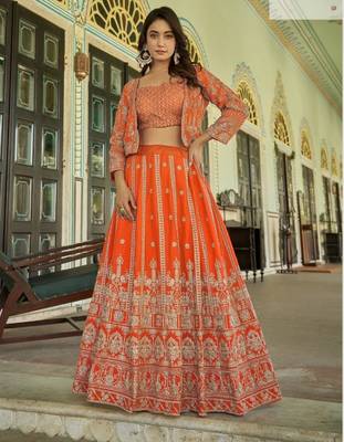 Orange Chinon Readymade Lehenga Choli with Embroidery Work 1
