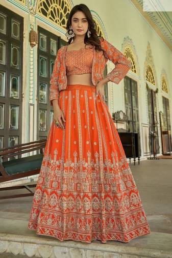 Orange Chinon Readymade Lehenga Choli with Embroidery Work