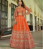 Orange Chinon Readymade Lehenga Choli with Embroidery Work
