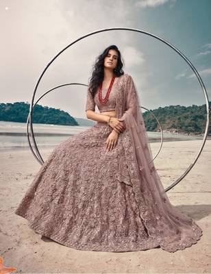 Mauve Net Semi Stitched Lehenga Choli with Embroidery & Jarkan Work 3