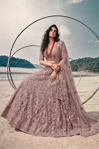 Mauve Net Semi Stitched Lehenga Choli with Embroidery & Jarkan Work