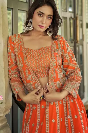 Orange Chinon Readymade Lehenga Choli with Embroidery Work