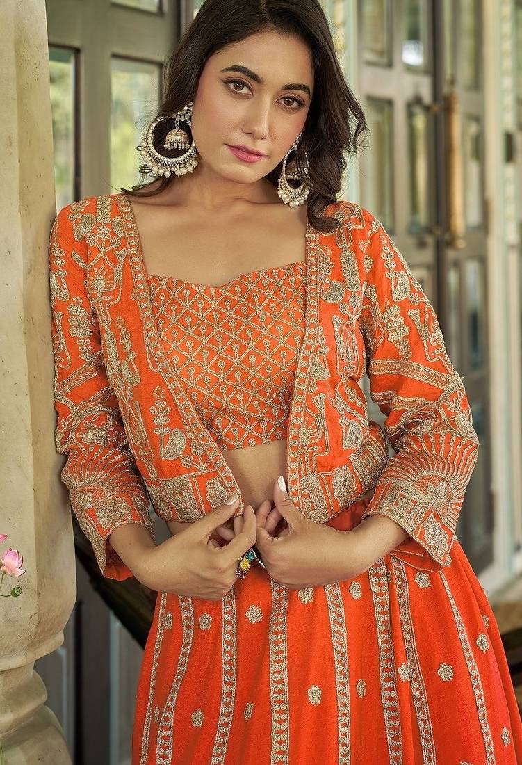 Orange Chinon Readymade Lehenga Choli with Embroidery Work