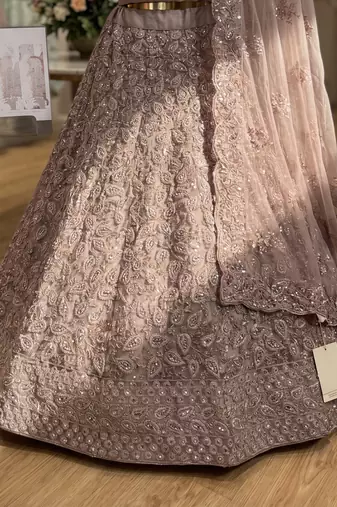 Mauve Net Semi Stitched Lehenga Choli with Embroidery & Jarkan Work