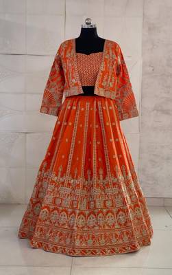 Orange Chinon Readymade Lehenga Choli with Embroidery Work 3