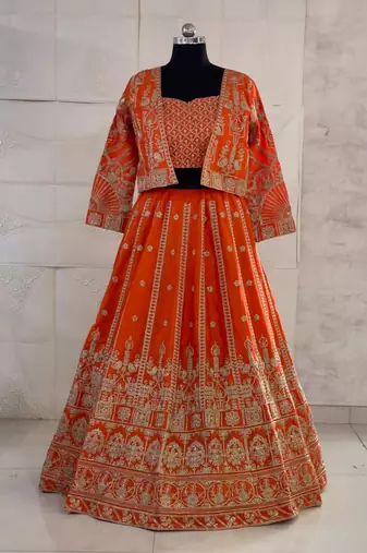 Orange Chinon Readymade Lehenga Choli with Embroidery Work