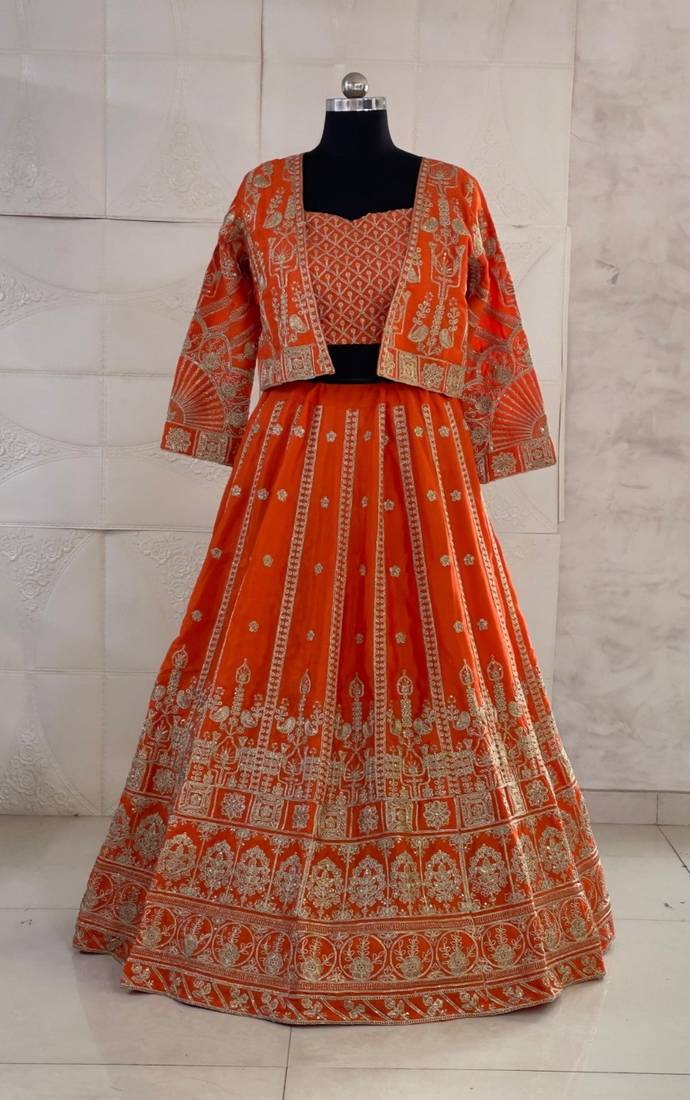 Orange Chinon Readymade Lehenga Choli with Embroidery Work