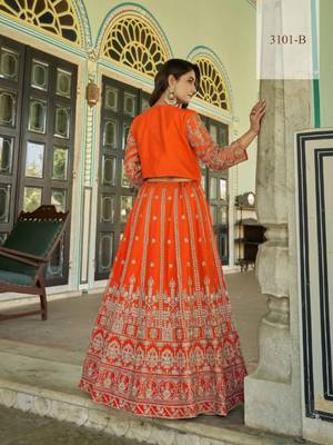 Orange Chinon Readymade Lehenga Choli with Embroidery Work 4