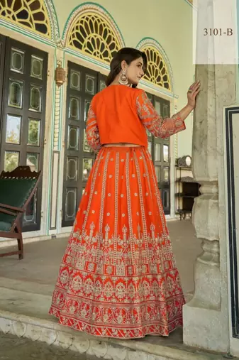 Orange Chinon Readymade Lehenga Choli with Embroidery Work