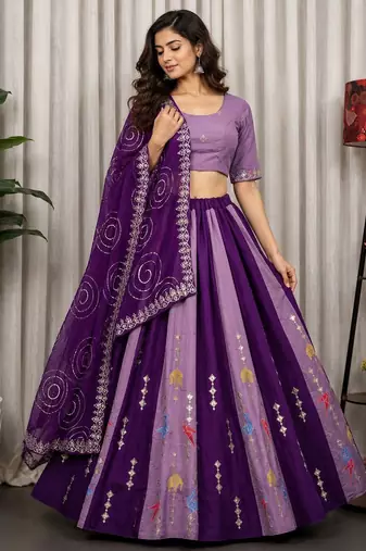 Purple Silk Blend Readymade Lehenga Choli with Thred & Sequins work