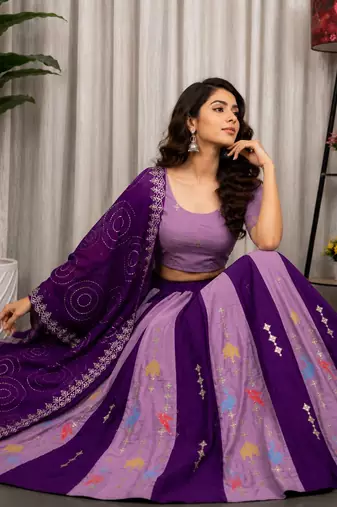 Purple Silk Blend Readymade Lehenga Choli with Thred & Sequins work