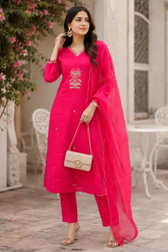 Kavindi women’s zari & sequin embroidered straight kurta pant set with organza dupatta