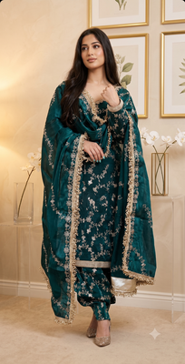 Teal blue embroidered readymade punjabi patiala suit set with dupatta 3