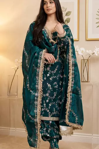 Teal blue embroidered readymade punjabi patiala suit set with dupatta