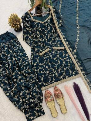 Teal blue embroidered readymade punjabi patiala suit set with dupatta 4