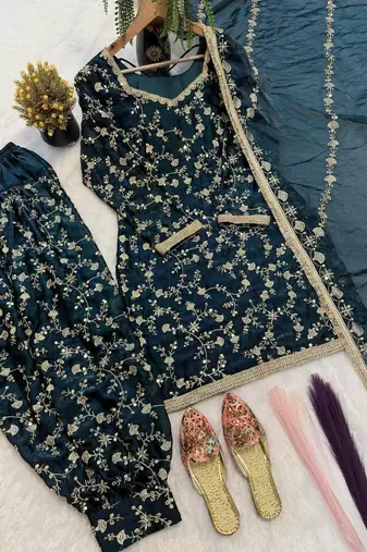Teal blue embroidered readymade punjabi patiala suit set with dupatta