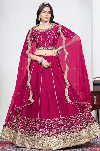 Magenta Art Silk Semi Stitched Lehenga Choli with Embroidery work