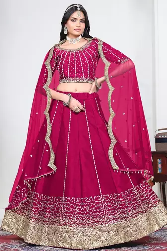 Magenta Art Silk Semi Stitched Lehenga Choli with Embroidery work