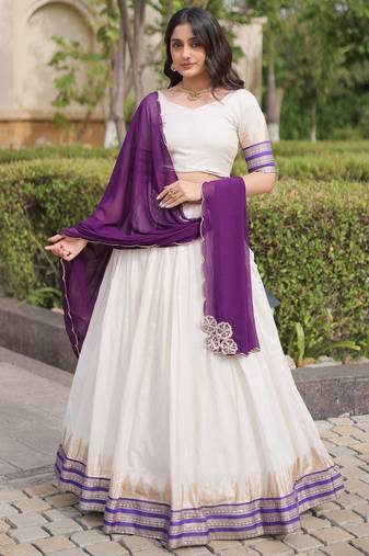 Purple&White Viscose Semi Stitched Lehenga Choli with Zari Temple Weaving Work