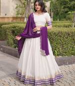 Purple&White Viscose Semi Stitched Lehenga Choli with Zari Temple Weaving Work